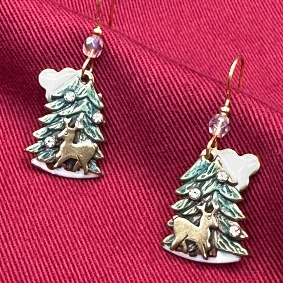 Christmas Earrings Green & White Enamel, Gold-Tone Reindeer w/Crystal Accents - Picture 7 of 10